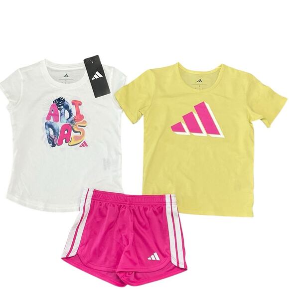 Adidas Girl’s T-Shirt Shorts Set Yellow Pink Size 5 NWT - Picture 2 of 6